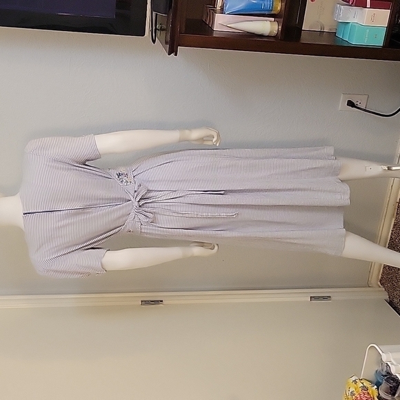 ANOTHER THYME 1980s Icy Blue Floral Gingham Tie Back Coquette Land Girl Dress - Picture 7 of 10